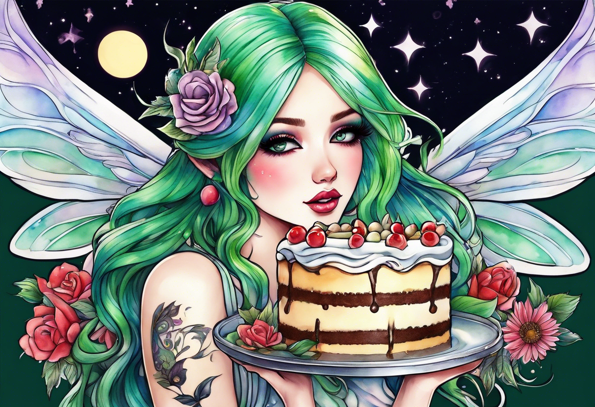 fairy with green hair, eating cake under the moon, tripping balls tattoo idea