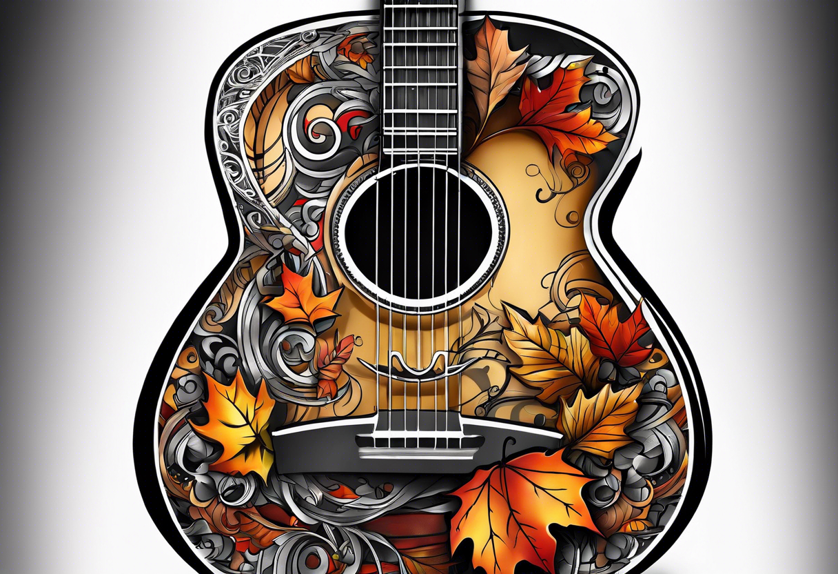 thigh tattoo with fall colors music symbols and a guitar tattoo idea