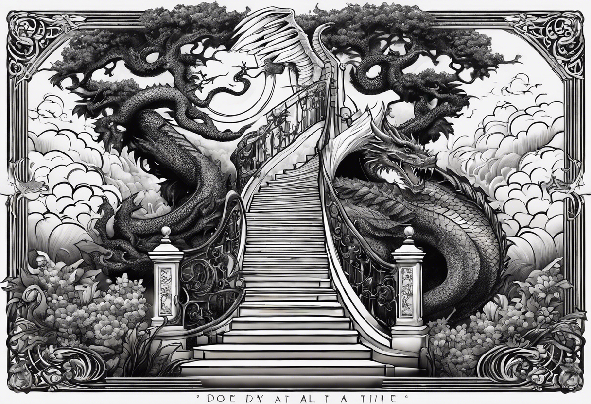 in vertical line, a dragon coming up on stairs that are a tree at the top with an angel, with the words "One day at a time" and date 4.14.24 tattoo idea