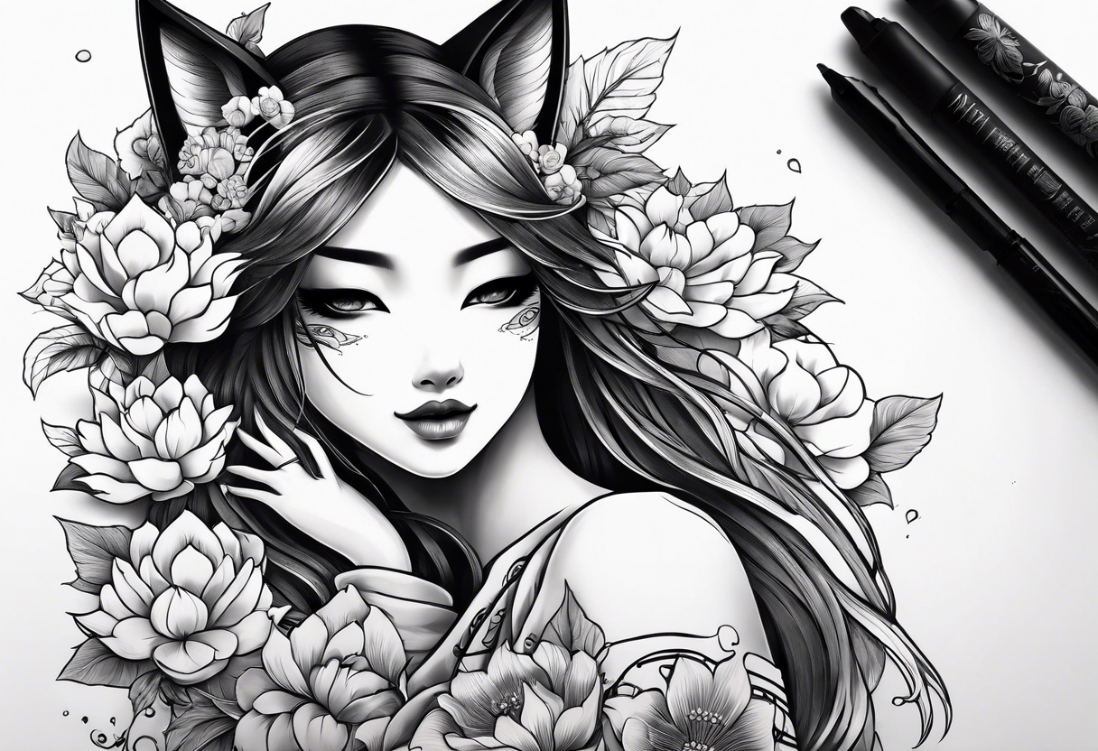 kitsune mask whit woman anime stiyle and  flowers tattoo idea