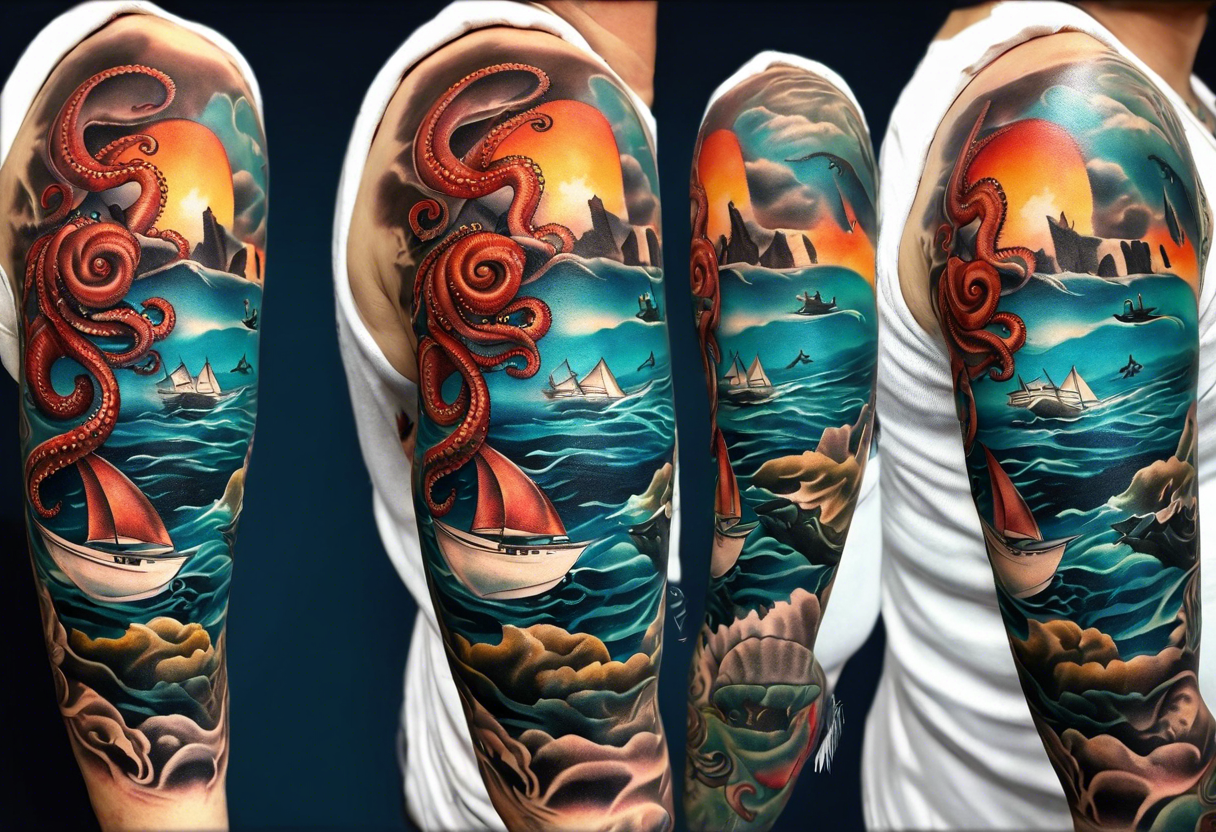 Full sleeve arm tattoo with octopus and sea scene tattoo idea