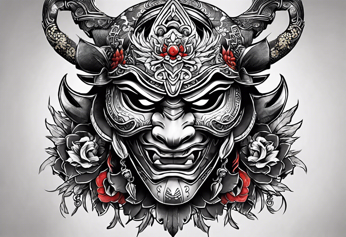 hanya mask on the shoulder, mask from ghost of Tsushima, hanya mask with three eyes, mask symbol of freedom and calmness tattoo idea