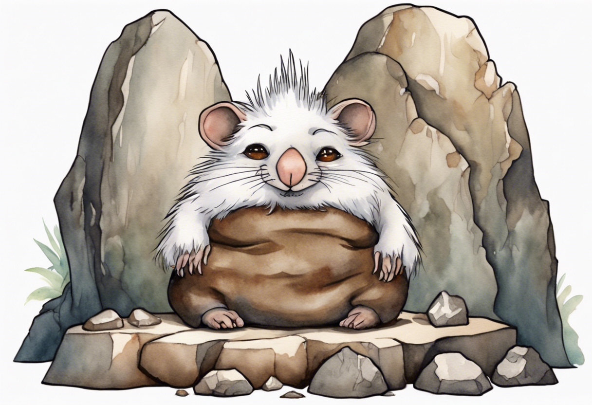 a solitary fat female mole with skin covered in short white fur with brown dreadlocks and big eyes sitting in stone throne in a cave tattoo idea