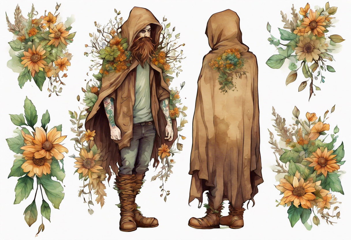 A tall, beautiful tree-man hybrid with leafy hair and a cloak made of flowers. Wearing brown mukluks. tattoo idea