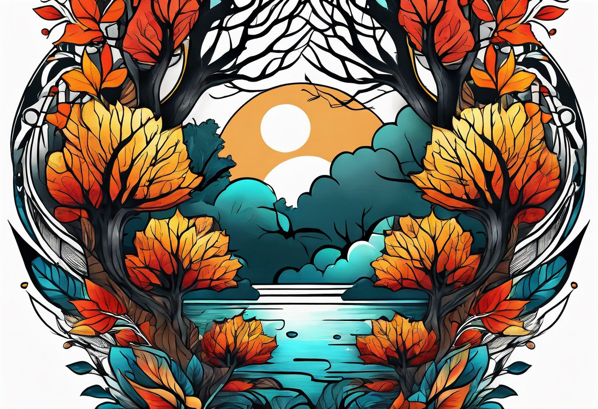 Knee tattoo with fall colors showing leaves, water flow, trees and sky tattoo idea