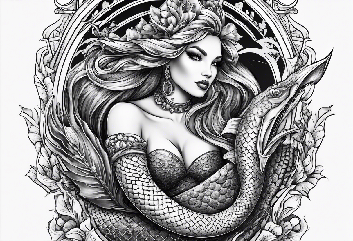 Mermaid with an alligator tail wrapped around a dagger tattoo idea