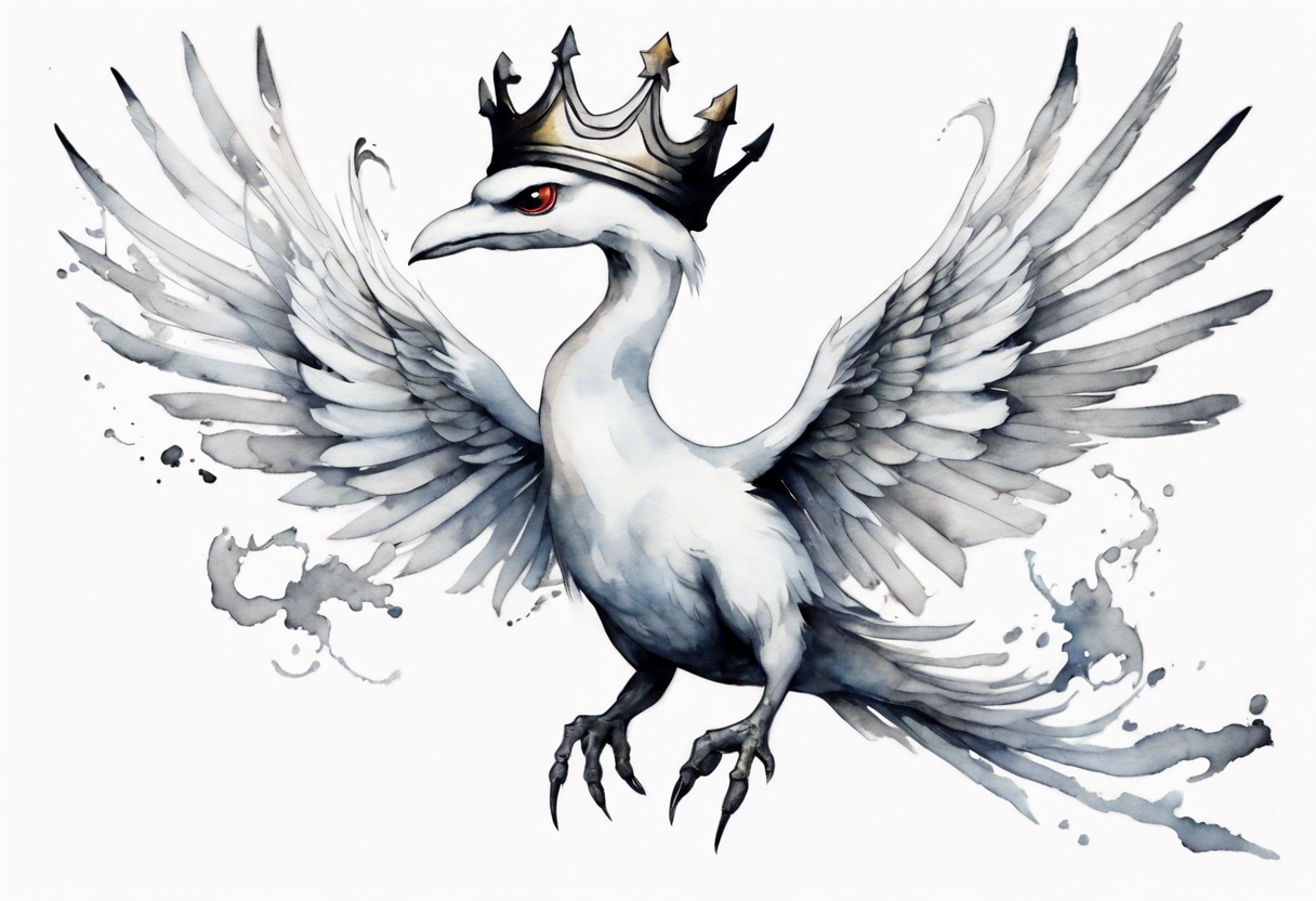 a white bird-serpent hybrid, wearing a pewter crown on its head, flying in the air tattoo idea