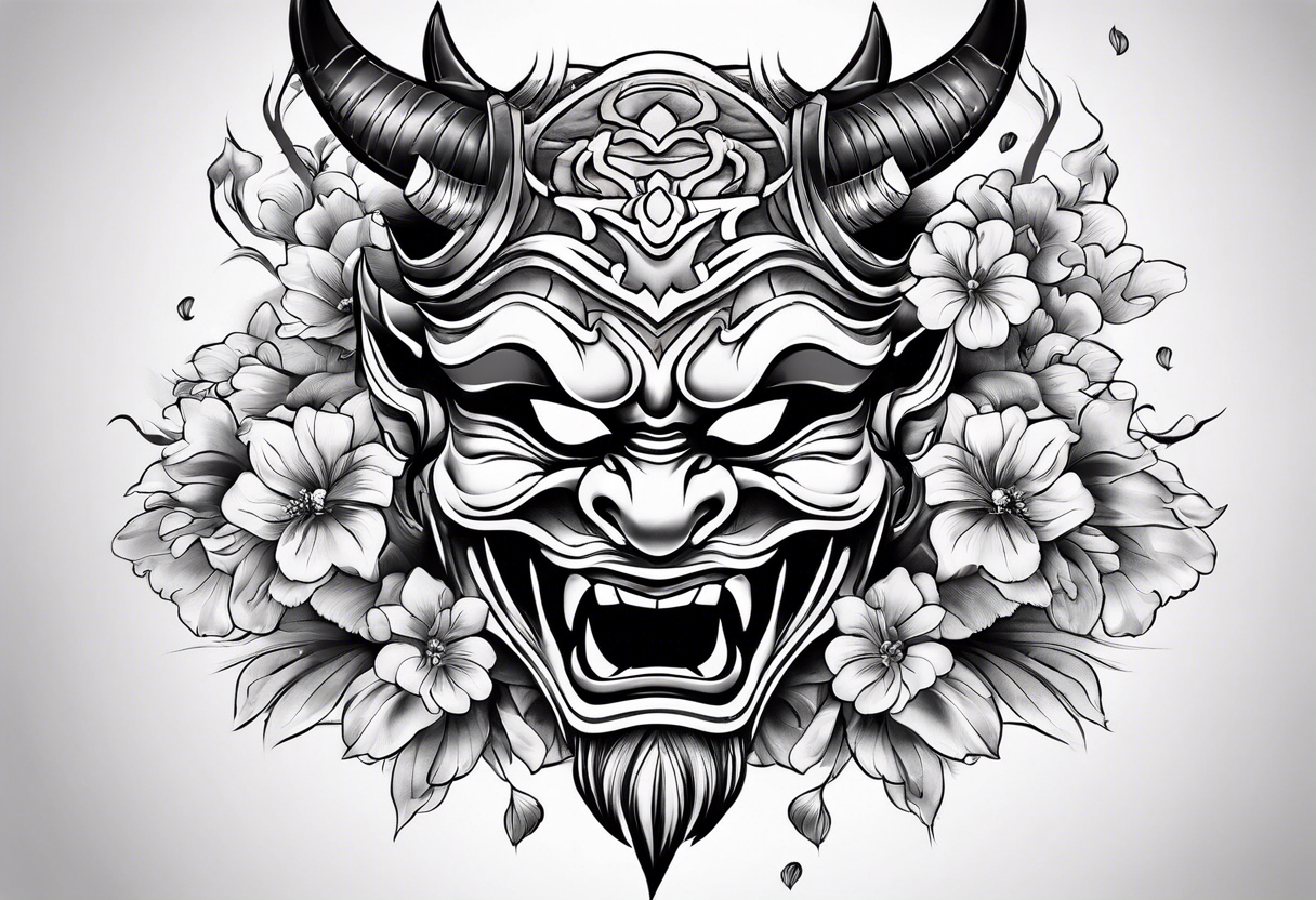 oni mask with flower petals falling around it tattoo idea