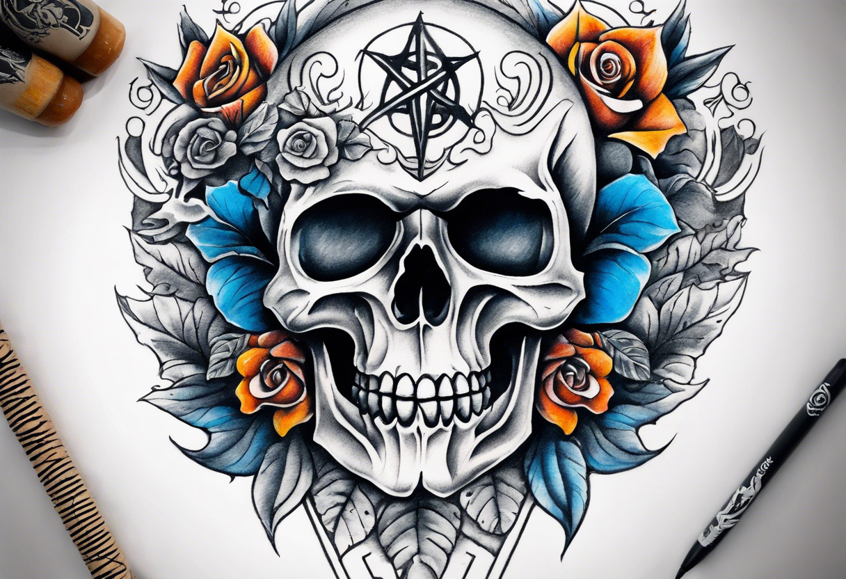 Front knee tattoo with fall colors, small flowers, rose, satanic skull, leaves, blue water flows with washes and background, Powell Peralta logo tattoo idea