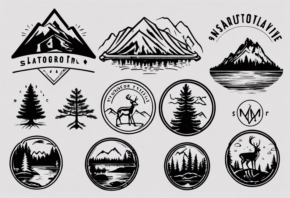 A logo for an outdoors company that includes an "S" and an "M". Includes a mountain, a lake, some trees, and a deer tattoo idea