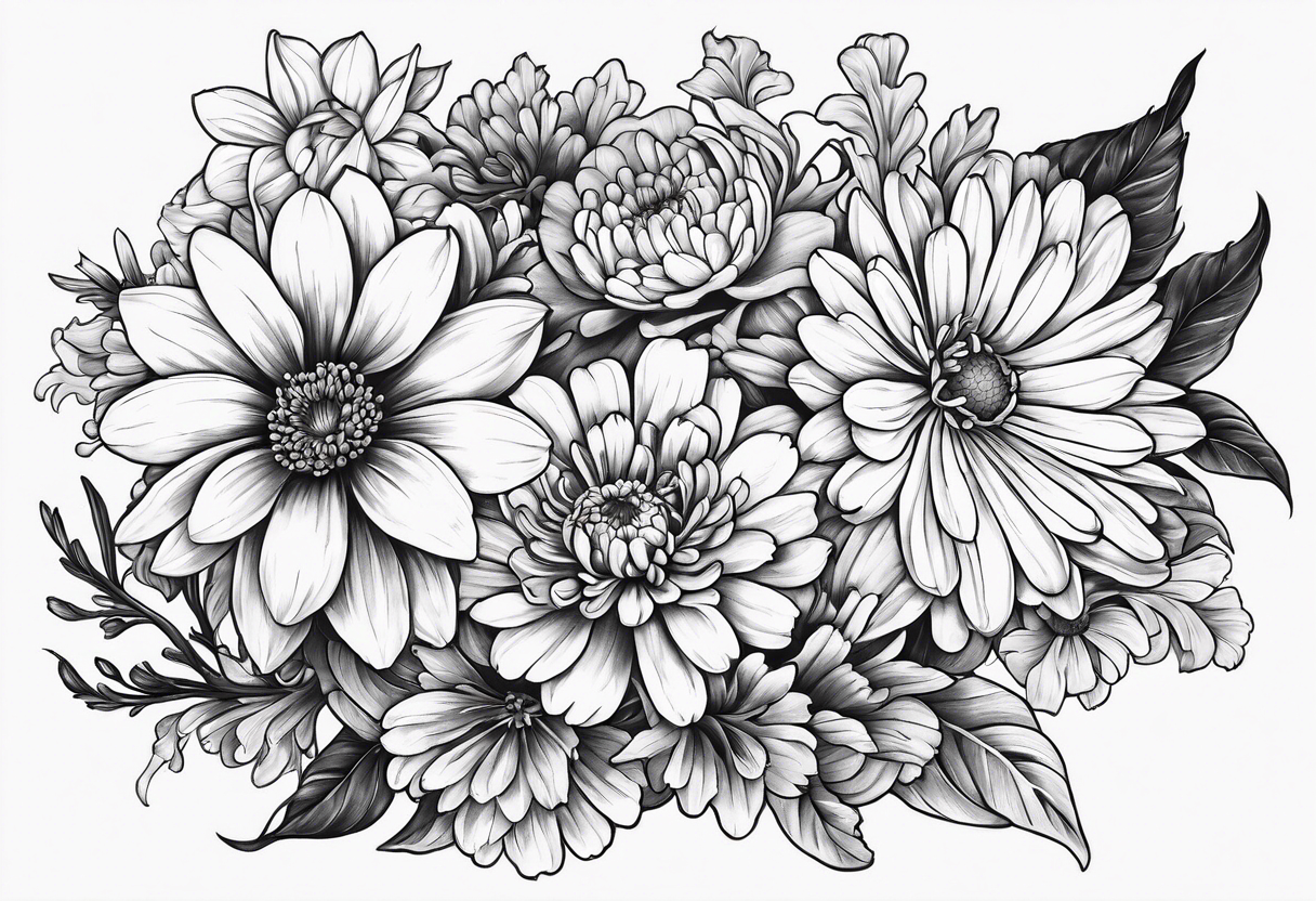 marigold, chrysanthemum, and 
narcissus side by side tattoo idea
