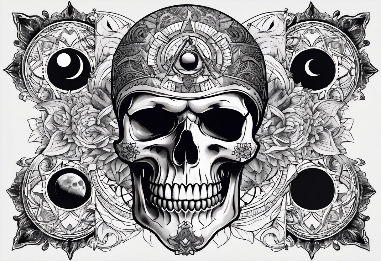 Simple Skull with third eye and dagger through it with the phases of the moon at the bottom endless spiral tattoo idea