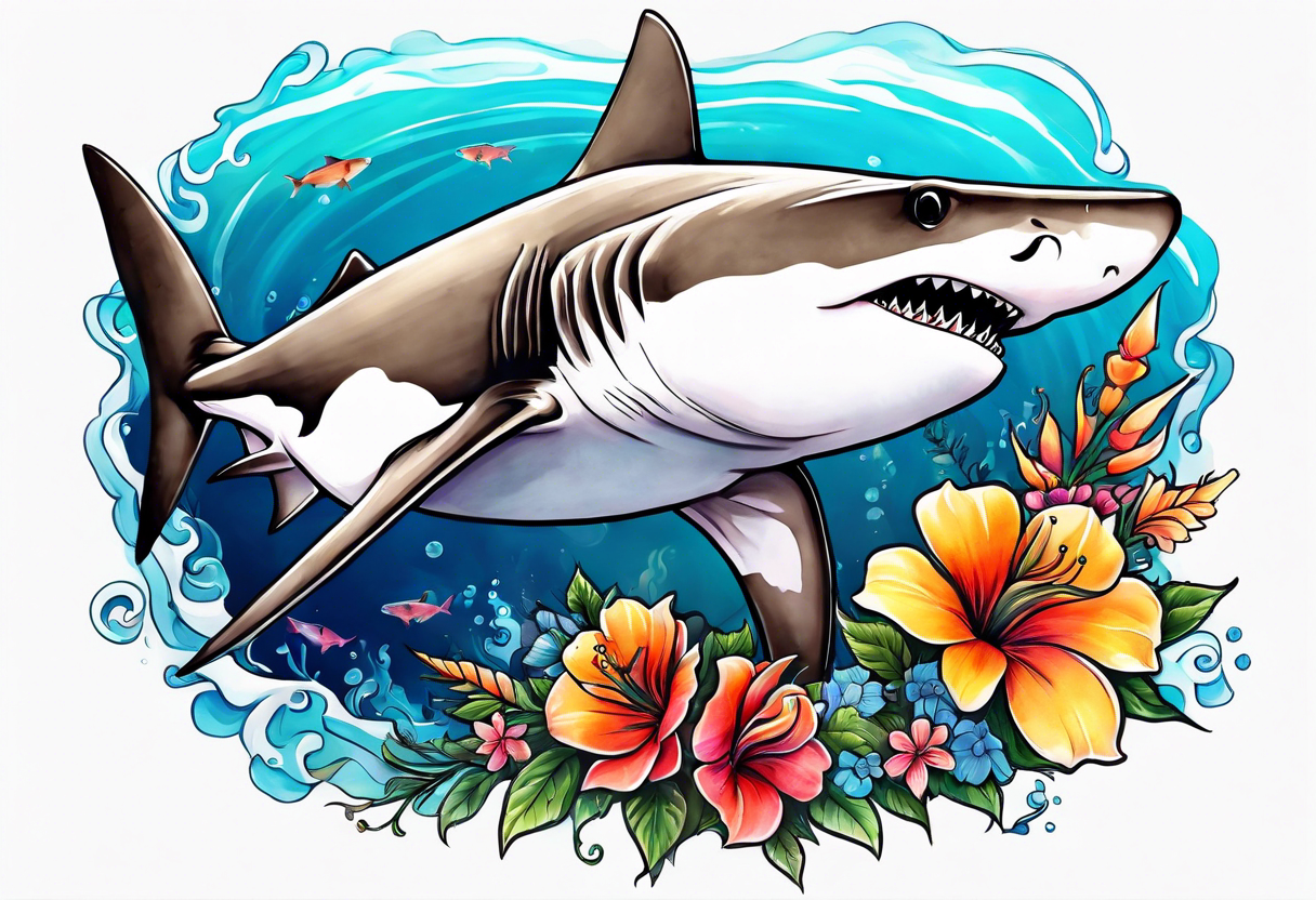 Hammerhead shark  with flowers tattoo idea