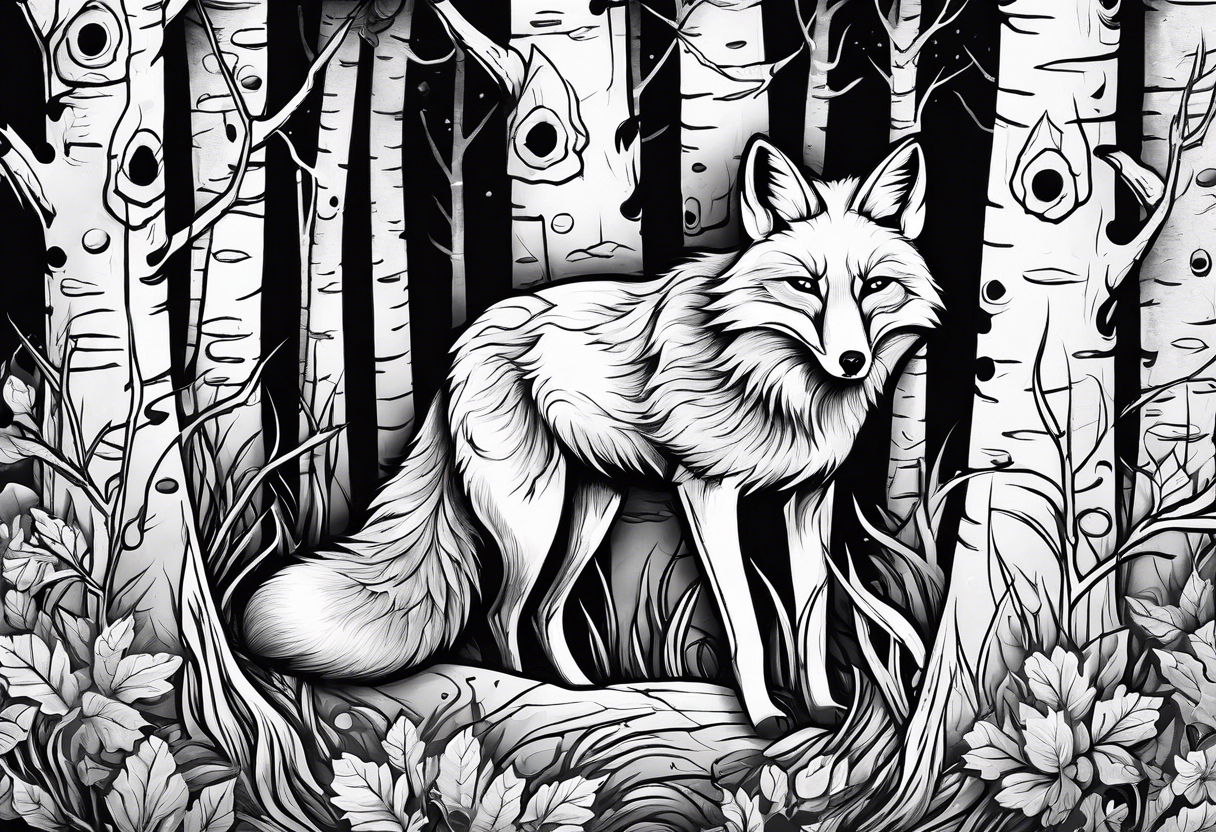 Creepy evil fox in birch woods skulls swamp tattoo idea