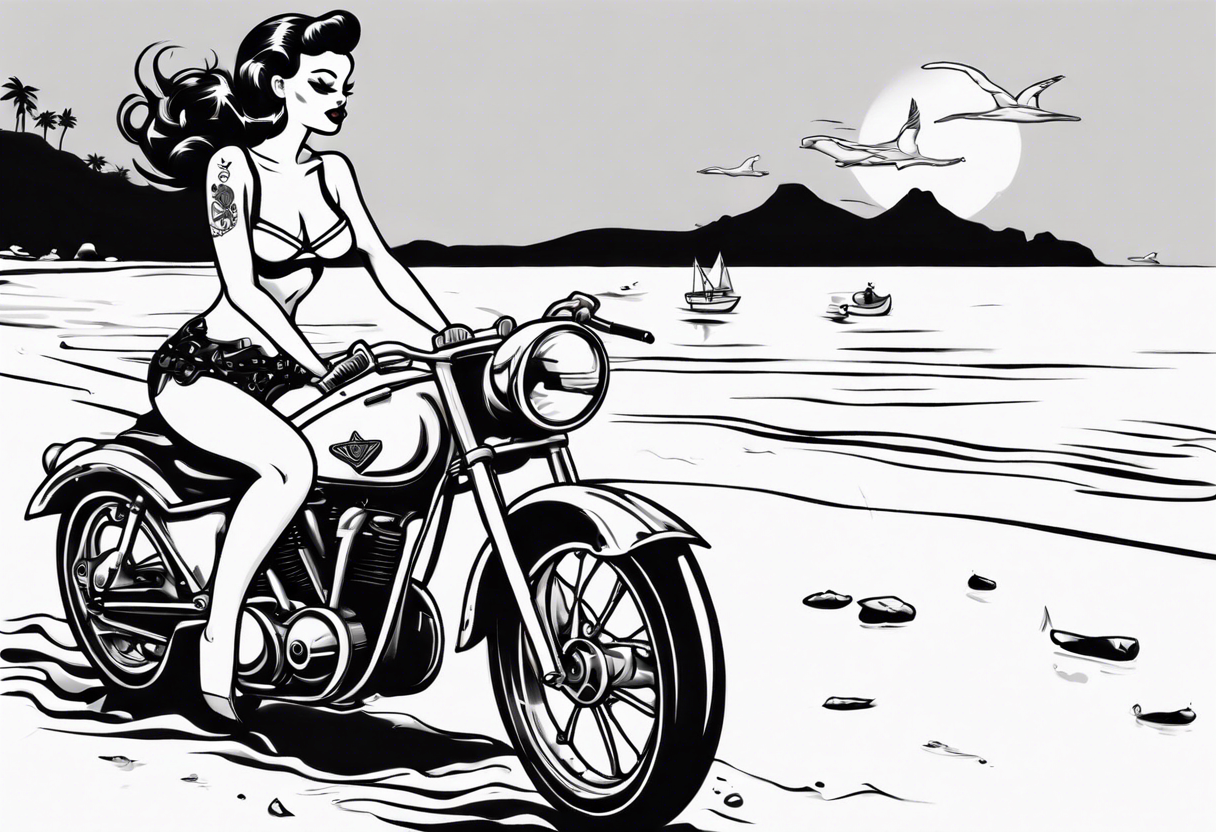 Pinup doll riding motorbike along the beach tattoo idea