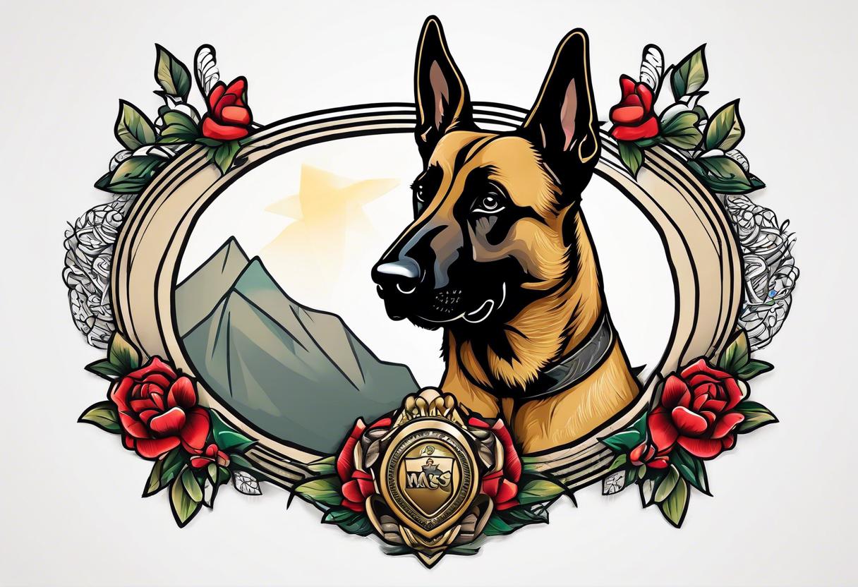 Belgian Malinois dog   Front facing with a badge tattoo idea