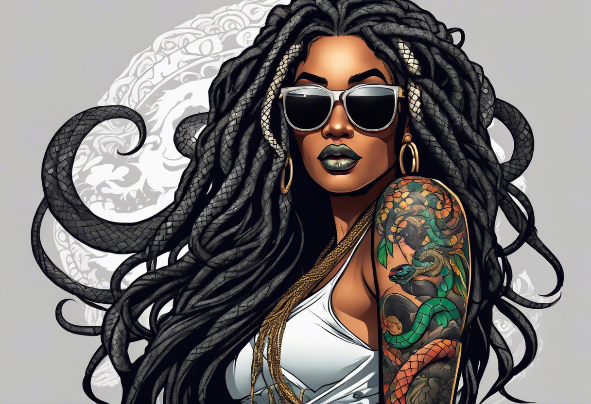 medusa as a beautiful black women with long black dreadlocks and one arm tattooed with snake skin and the other arm tattooed with marble, wearing large black sunglasses, streetwear tattoo idea