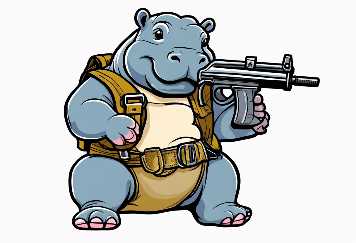 Baby hippo wearing a diaper with bandolier over chest and holding a machine gun tattoo idea