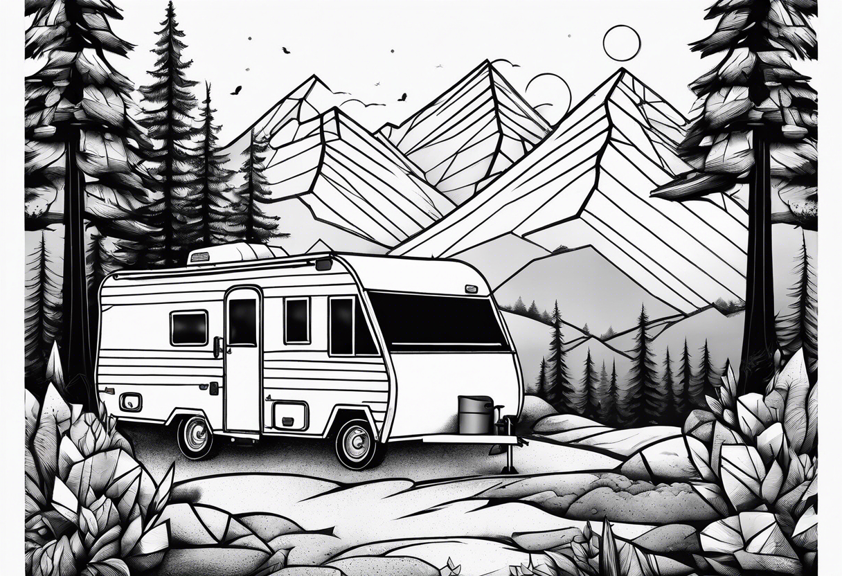 geometric mountains with an camper trailer 
and trees tattoo idea