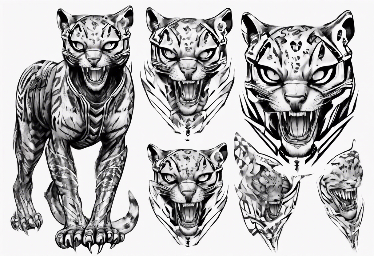 cybernetic ocelot full body teeth showing tattoo idea