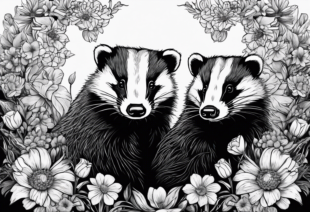 Trippy, pair of badger siblings in a field of flowers smoking a cigar tattoo idea