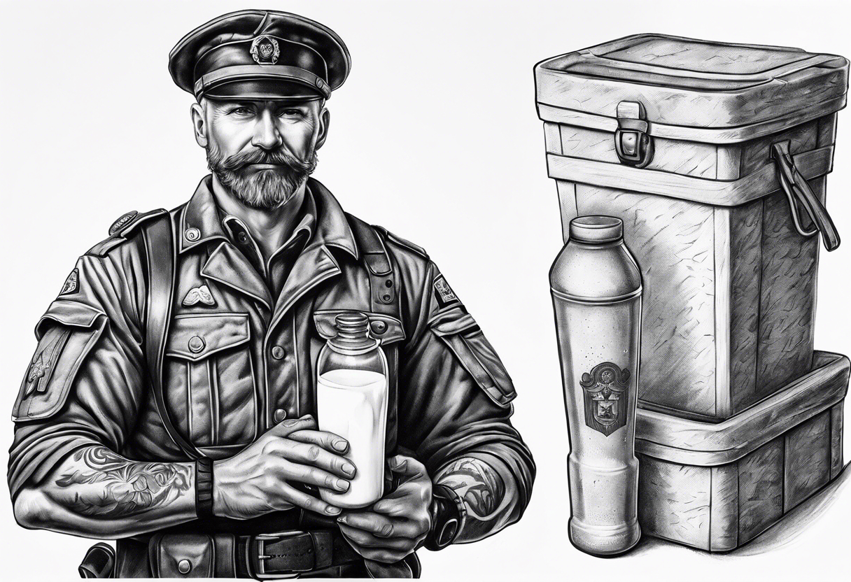 sven is a german doctor and soldier he holds a bottle of milk in one hand and a knife in the other tattoo idea