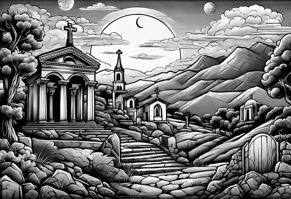 Graveyard with moon and greek church on hills with clouds tattoo idea