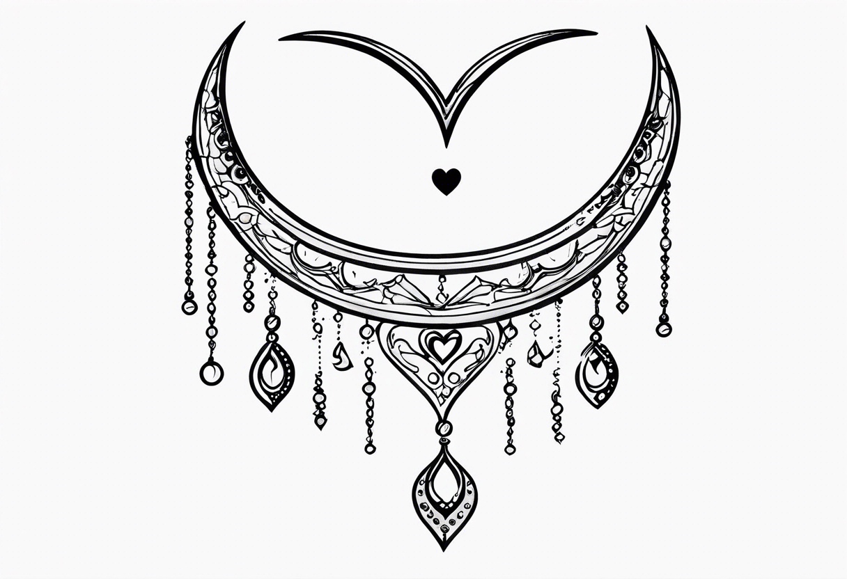 Crescent moon with heart shaped jewels dangling from the bottom of it tattoo idea