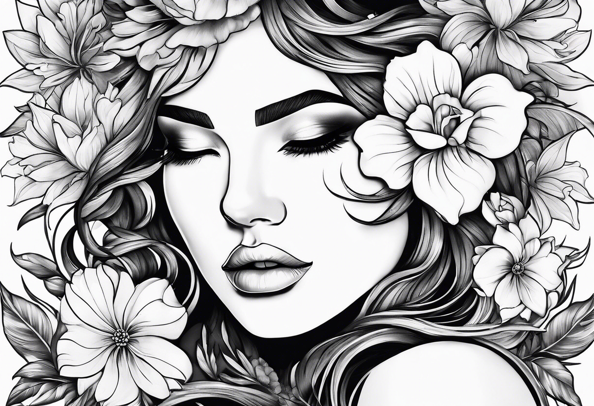 fine line tattoo with woman facing forward flowers covering her eyes and forehead with flowers growing out of her head tattoo idea