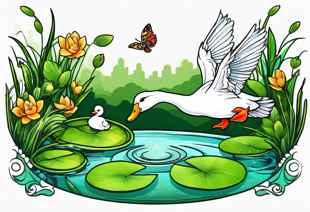 A white Duck a green toad and a moth playing together in a pond tattoo idea