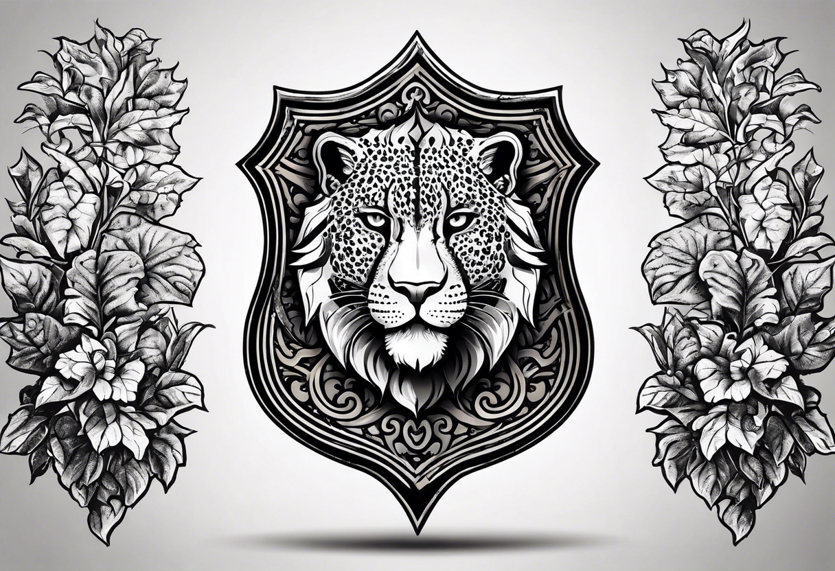 A shield with small leopar head as shield's emblem. The shield would be hang on a ivy planted wall tattoo idea