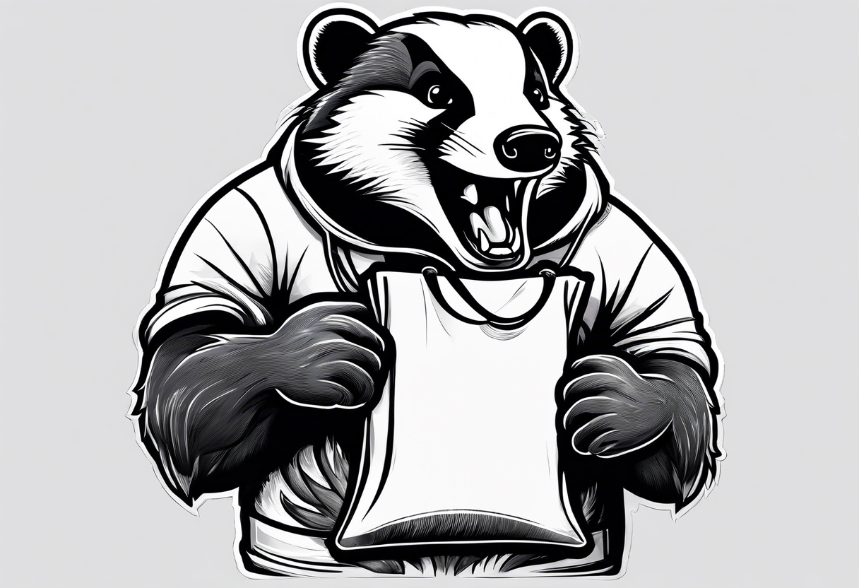 Angry badger with mouth open holding bag of chips tattoo idea