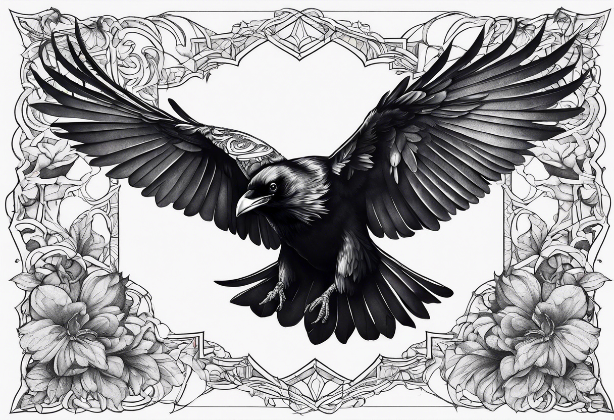 A flying raven on the chest tattoo idea