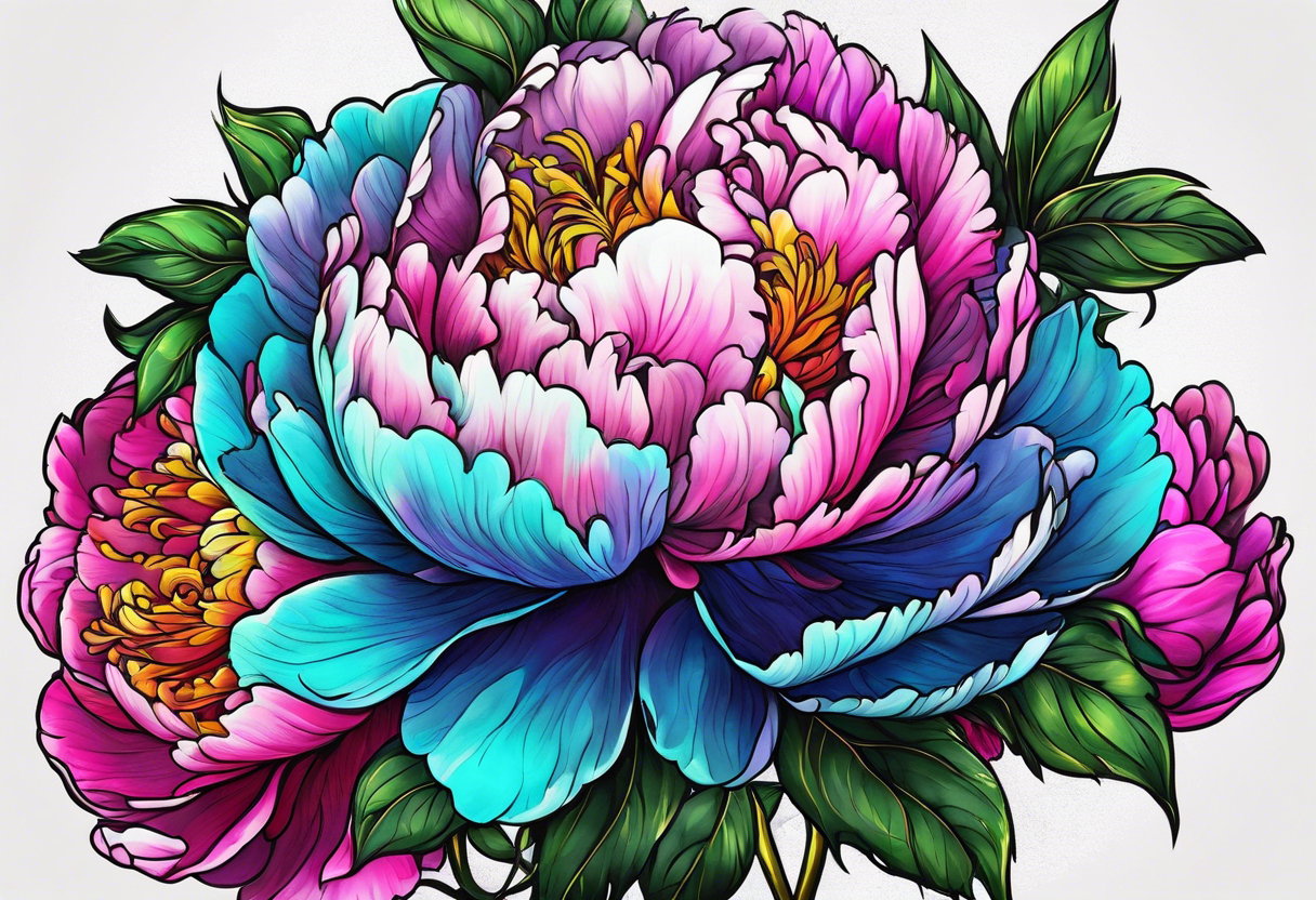 beautiful. colorful, neon, multicolored peony, white background, highly detailed, new school, new school style, street style, streetwear, urban wear, partially bloomed tattoo idea