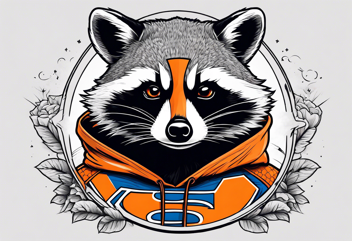 Raccoon wearing an orange Superman hoodie tattoo idea