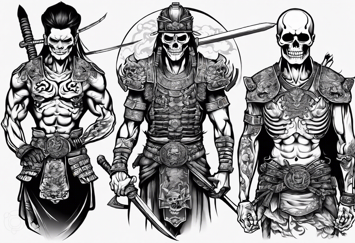 handsome Asian warrior who is also a skeleton tattoo idea