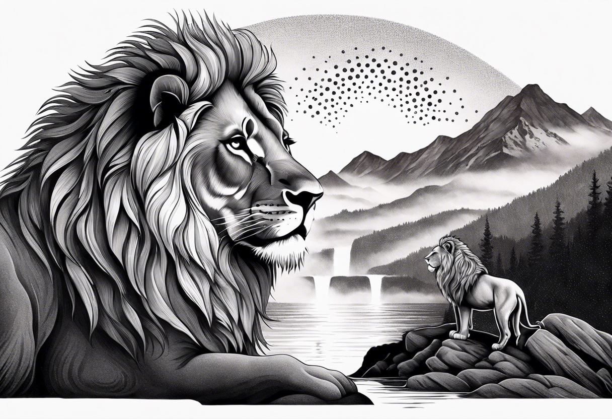 Tattoo in the shape of a lion head with a father and son in the mountains with  a waterfall and cross in the background and a sunset inside of it tattoo idea