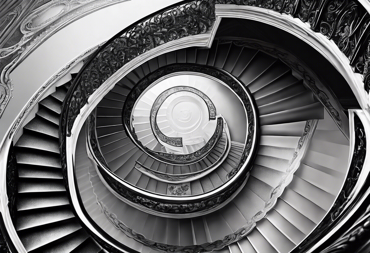 Man walking up a Deteriorating spiral stair case with falling steps tattoo idea