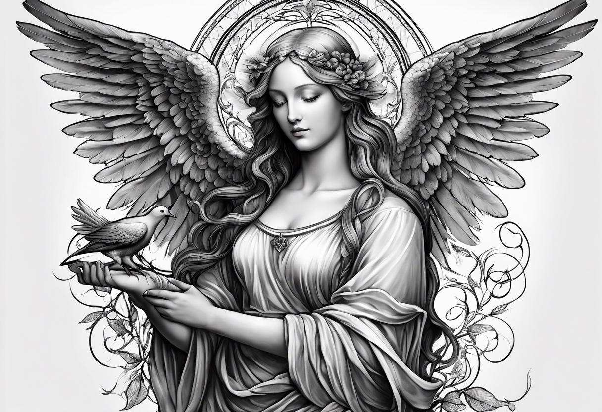 Angel with a Dove and Leonaro Da vinci Sleeve tattoo idea