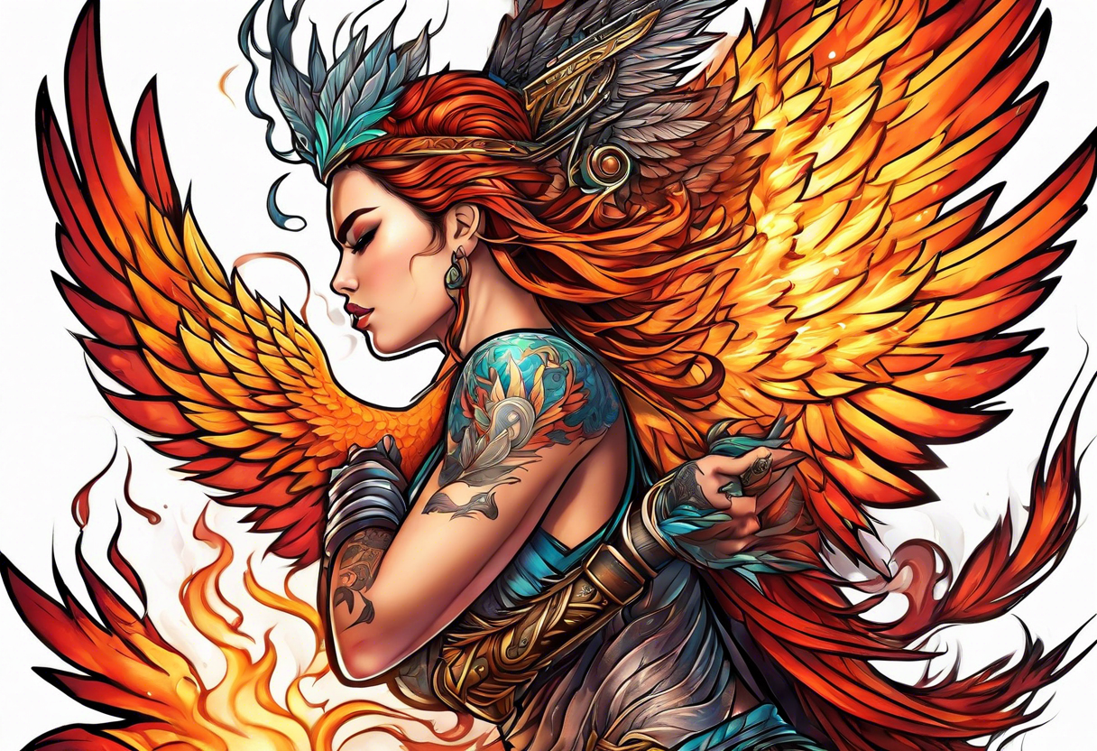 female phoenix scarred warrior with weapons burning tattoo idea