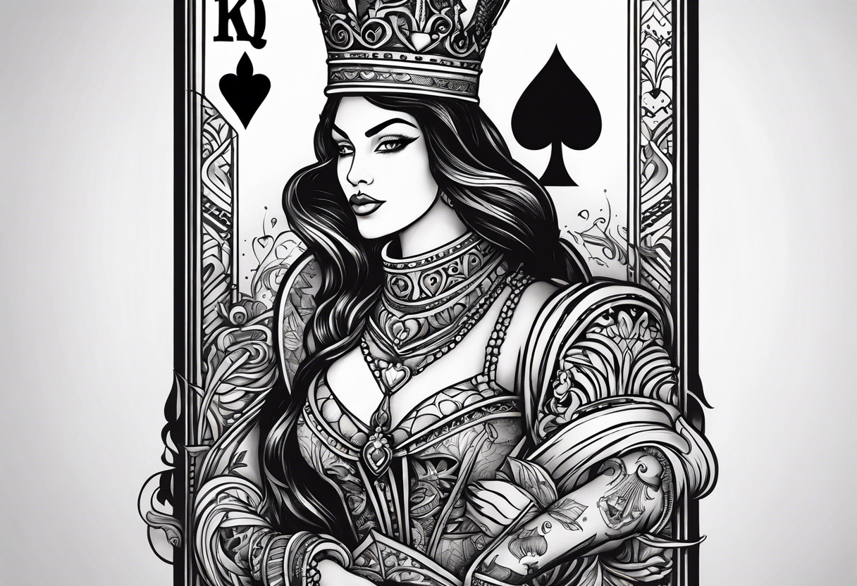 one playing card with both queen of hearts and king of spades incorporated in extreme minimalistic  style tattoo idea