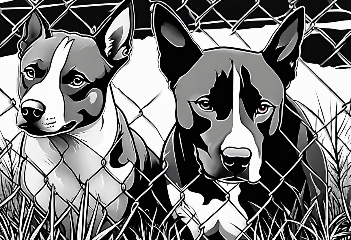 husky and pitbull looking through farm fence into cow field tattoo idea