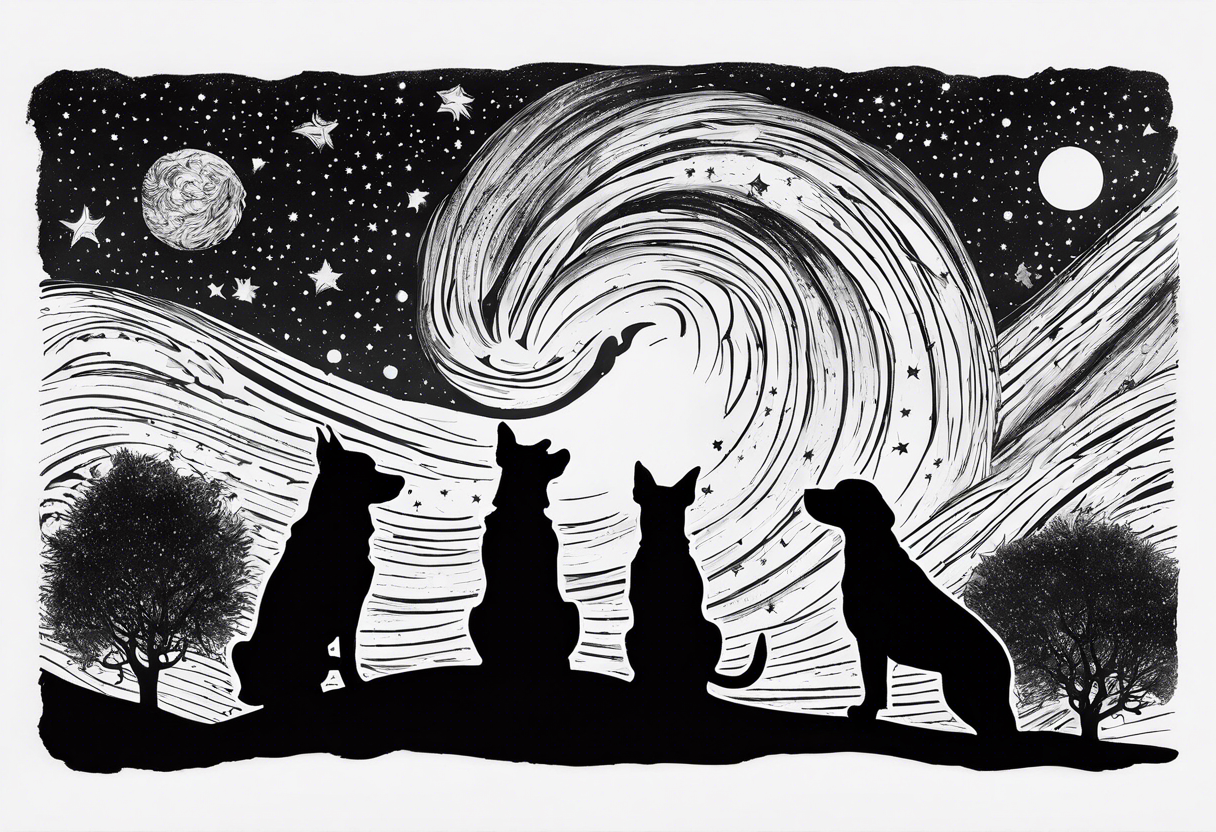 Me and my 3 dogs as silhouettes looking up at a night sky with galaxies comets and other space elements in the style of Van Gogh Starry Night. Must fit on an upper arm. tattoo idea