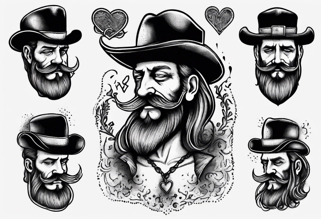 heartbroken man with lemmy hat, beard -moustache tattoo idea