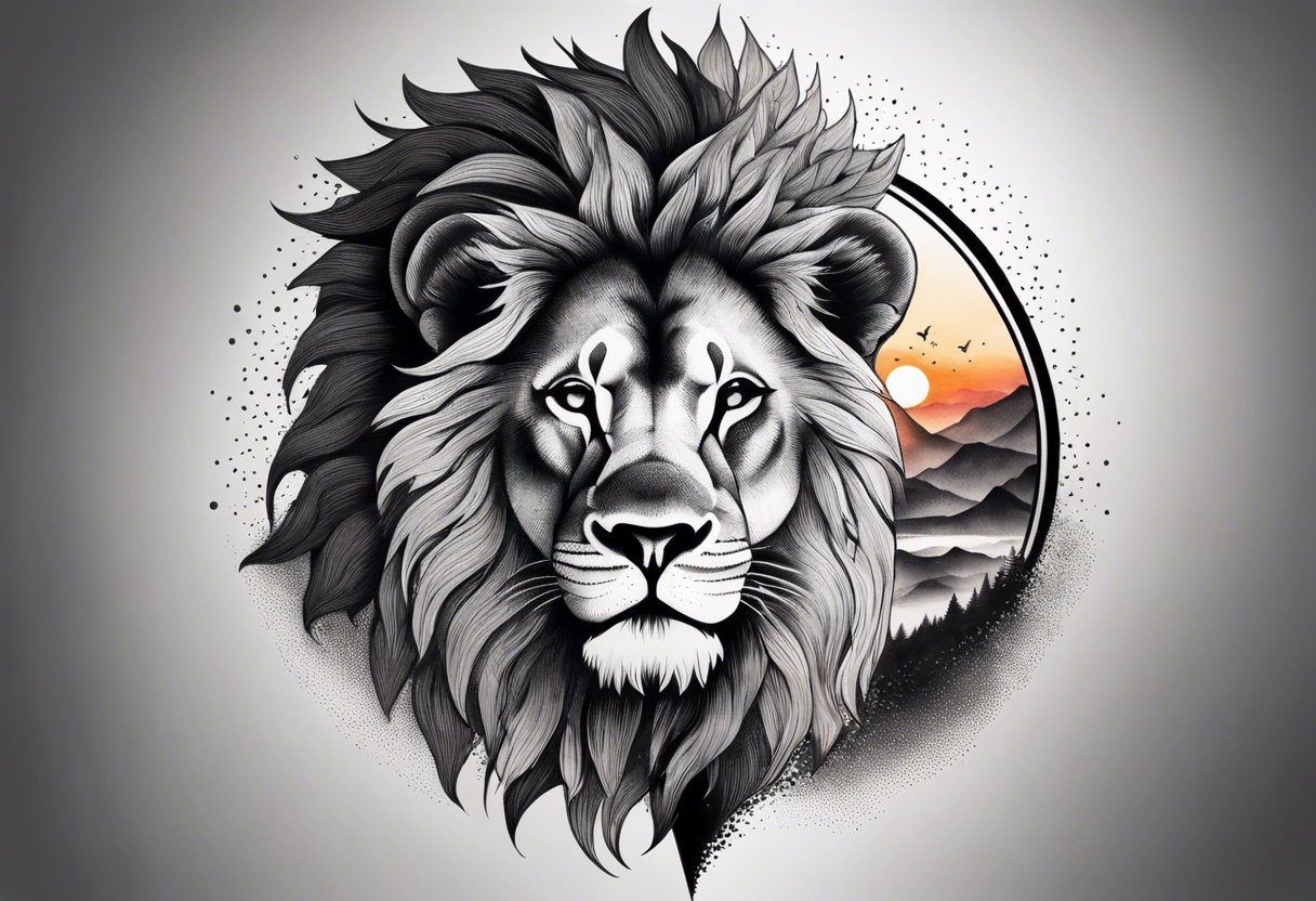 Tattoo in the shape of a lion head with a father and son in the mountains with  a waterfall and cross in the background and a sunset inside of it tattoo idea