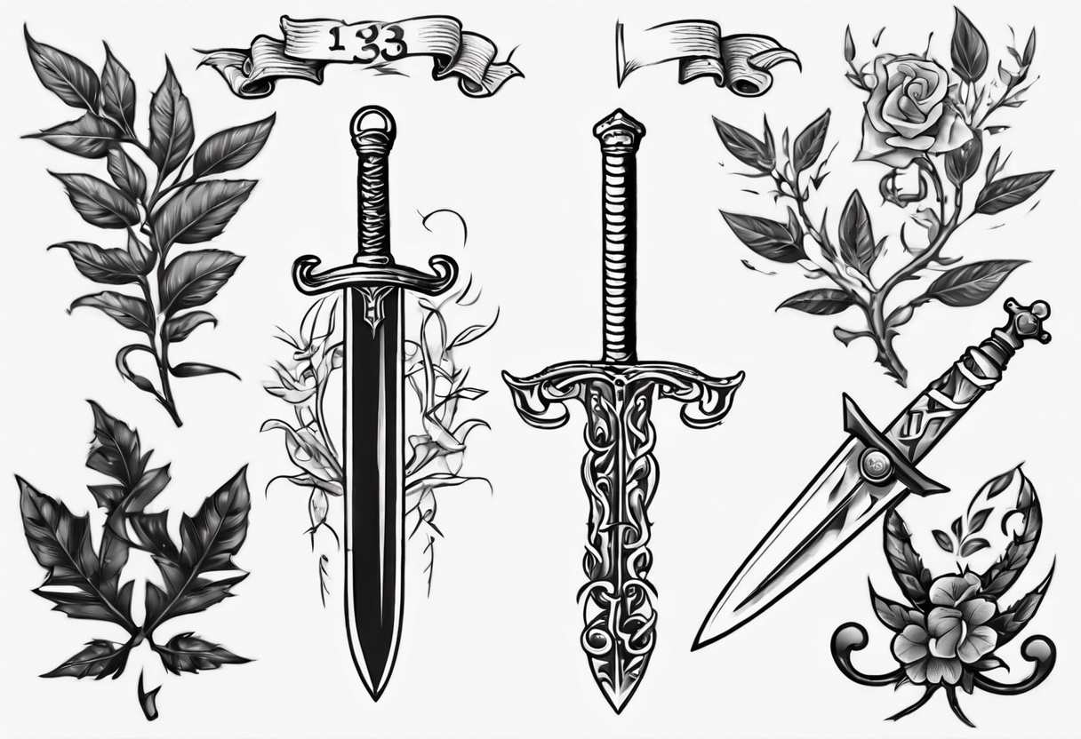 A sword runs through the number 13 and a laurel leaf tattoo idea