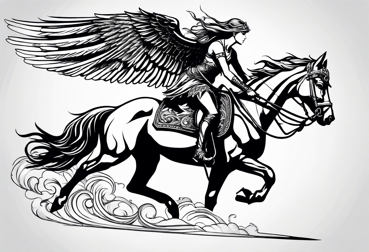 Valkyrie on winged Pegasus, flight, holding spear, looking down tattoo idea