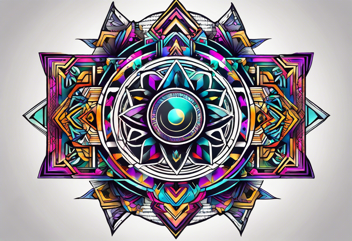 A tattoo design featuring geometric patterns and symbols inspired by psytrance and techno music, creating a unique and futuristic look. tattoo idea