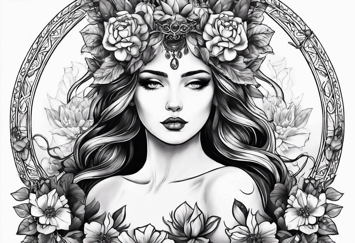 persephone goddess theme tattoo with a dark or gothic perspective. Include pomegranate, flowers and her being the queen of the underwood tattoo idea