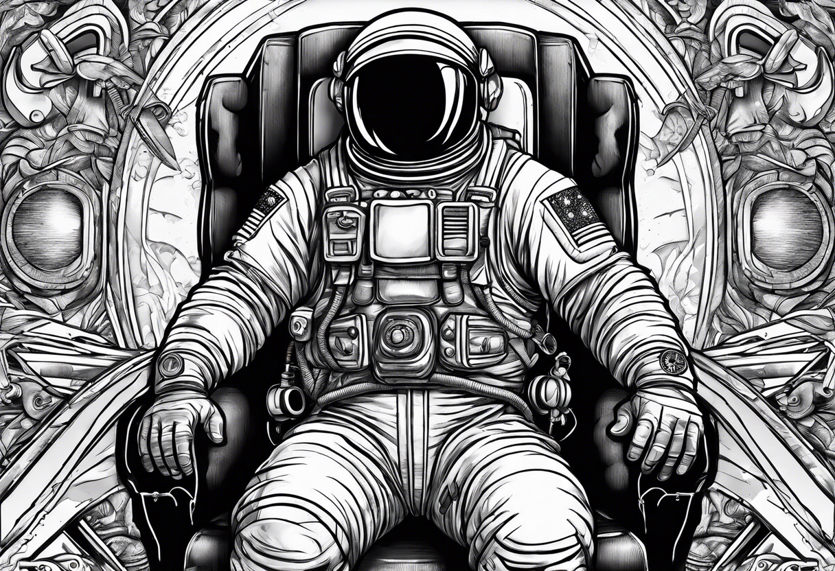 An astronaut doing a bench press exercise tattoo idea